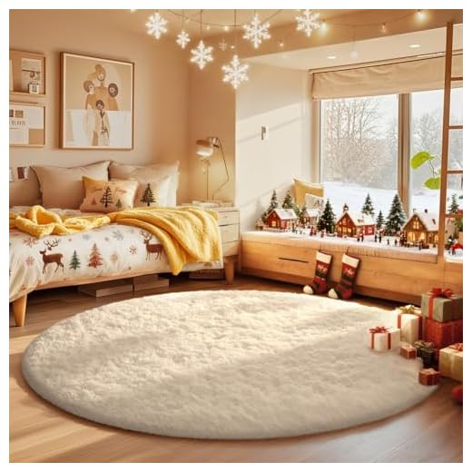 Ophanie Round Rugs 5Ft Ivory Circle Area Rug, Aesthetic Room Decor, Fluffy Fuzzy Bedroom Carpet, Plush Soft Shaggy Cream Living Room Rugs for Kids Home Decor, Nursery