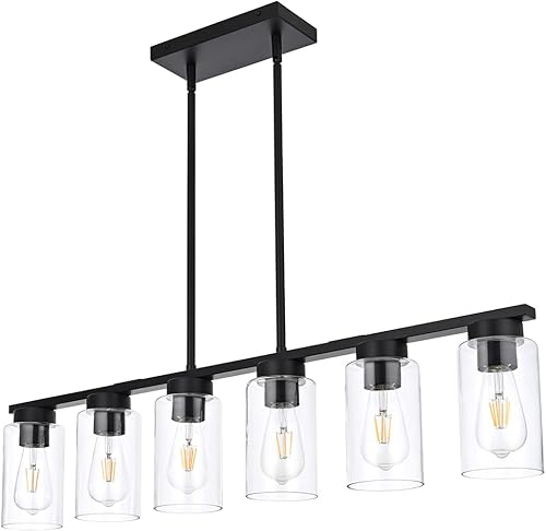 Miniatura 2 de Moderno candelabro lineal de granja, lámpara colgante de isla de cocina de níquel de 6 luces con pantalla de vidrio para comedor, vestíbulo, bar,