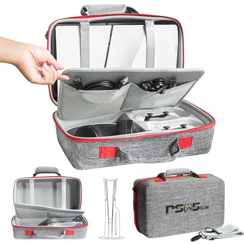 ASNOMY Bolsa Funda de Transporte para PS5 Slim, Bolsa de Viaje Protectora Mejorada para PS5 Slim Disc/Digital Edition, Estuche para PS5 Slim Consola,Mando,Accesorios