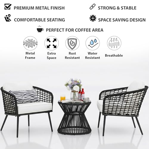 Image of BRISHI Garden Patio Seating Chair and Table Set Outdoor Balcony Garden Coffee Table Set Furniture with 1 Table and 2 Chairs Set with Cushion Braid & Rope (Black /White)
