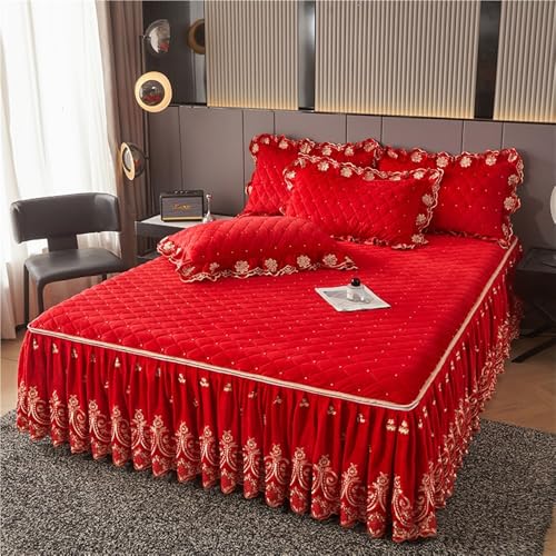KanDuo Sábanas Ajustables de Invierno, Falda Desmontable de Terciopelo Acolchado Grueso con Volantes y Encaje Bordado con caída de 18 Pulgadas(Rot,180x220cm)