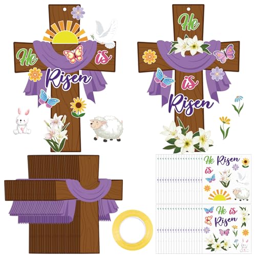 36 Packs Easter He is Risen Cross Craft Kit Make Your Own Jesus Resurrection Cross Hanging Decorations Thankful Ornaments Craft for Church Sunday School Classroom Christian Jesus Faith Easter Party