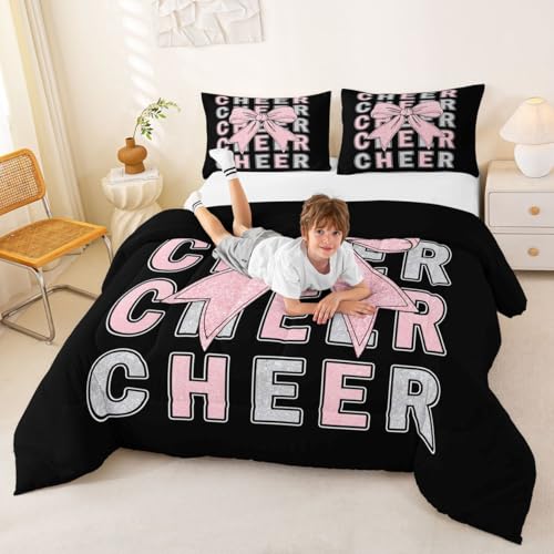 Image of Feelyou Cheer Comforter Set Full Size Pink Bowknot Bedding Set for Kids Boys Girls Sport Cheerleader Duvet Quilt Cheerleading Bedroom Decor Microfiber 3 Pcs with 2 Pillow Cases