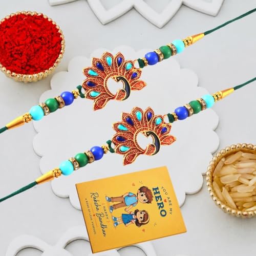 Image of Great Art Raksha Bandhan Rakhi Set with Roli Chawal or Fridge Magnet Card for Brother | Designer Beaded Rakhi Combo Pack-FM114