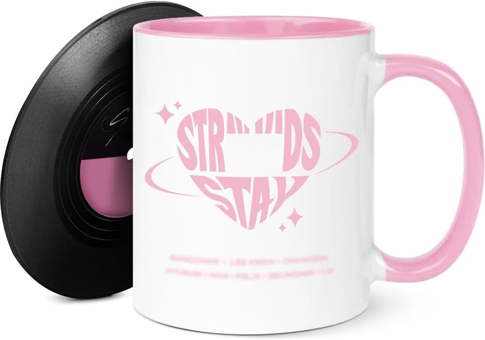 Swico Remado Stray Merch Coffee Mug with Creative Retro Vinyl Record Coaster, White and Pink 11 Oz Double Sided Tea Cup for Women and Stay Music Fans