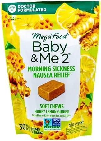 MegaFood Baby & Me 2 Prenatal Morning Sickness Relief Soft Chews -With Real Ginger and Vitamin B6 – Vegetarian – Made Without 9 Food Allergens – Honey Lemon Ginger Flavor – 30 Chews