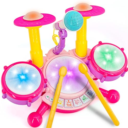 Image of Pink Drum Set for Girls - Kids Musical Instrument Kit | Pink Drum Set for Girls, Kids Musical Instrument Kit, Electronic Drum Toy for Ages 18 Months and Up