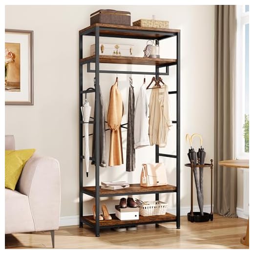 YITAHOME Coat Rack Stand with Shoe Storage, Floorstanding Hall Tree with 2 Shelves Industrial Clothes Rail Garment Rack Clothing Storage Shelving Unit for Entryway Hallway Living Room, Rustic Brown