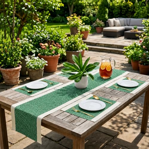 Image of YELONA Placemats and Table Runner Set - Heat Resistant, Non-Slip & Washable PVC Vinyl Dining Table Mats - Jade Green (4 Placemats: 45x30 cm, 1 Runner: 180x30 cm)