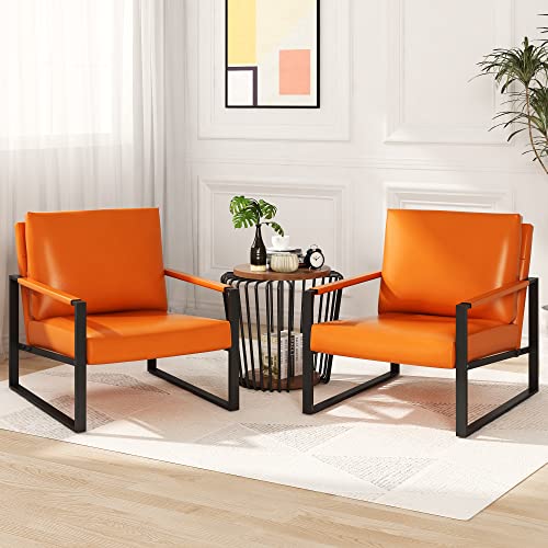 Lamerge Leather Accent Chair Sofa Chair With Extra-Thick Padded Backrest And Seat Cushion Single Sofa For Living Room Bedroom, Black Metal Frame, 105 Degree Slant Back, Orange, Set Of 2,Orange02 #TOP3