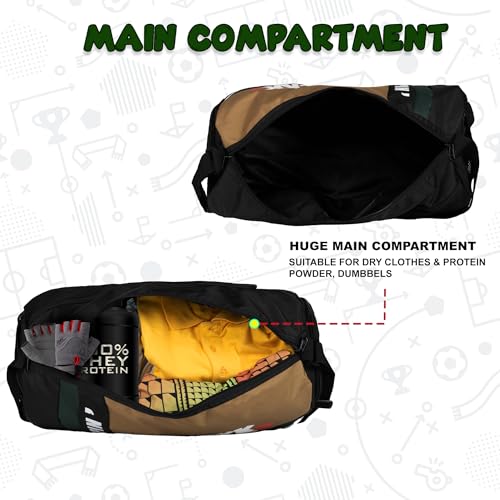 Image of Whackk Armstrong Blk Khaki 33L Gym Fitness Workout Training Sports Travel Duffle Bag Separate Shoe Pocket Dry Wet Pocket Multipurpose Carry Bag Adjustable Strap Lightweight Sports Kit Men Women