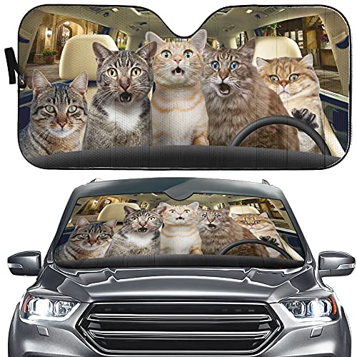 DocModel YOSA Car Sun Shade Windshield Bengal Cat Driver, Funny Cat Car Front Window Sunshades Cover, Universal Fit, Black, 57 x 27.5 inches