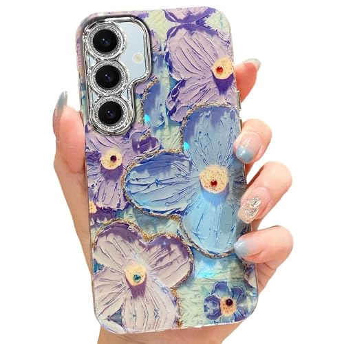 Elzzi Compatible with Samsung S25 5G Case Laser Flower Oil Painting Bumper with Full Camera Protection Shockproof PC+TPU Glossy Shiny Cover for Girls Women, Green