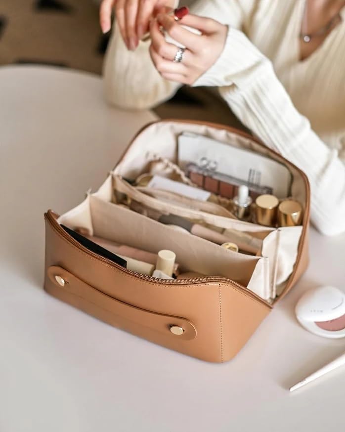 iYOGIzz Women’s Large Capacity Cosmetic Travel Bag - Waterproof Leather Makeup Organizer with Wide Opening, Dividers with Handle (Cross Open, Brown) (Pack of 1) 3