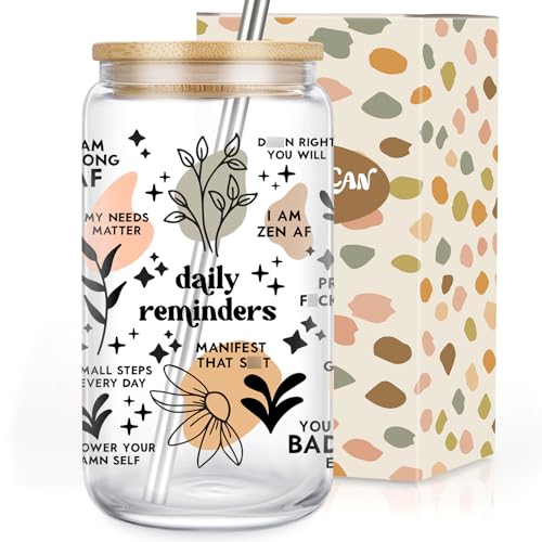 Coolife Positive Daily Affirmations Cup, Mental Health, Funny Sobriety, Self Love, Inspirational, Break up, Mothers Day Motivational Gifts for Women, 16 oz Drinking Tumbler Coffee Glass Cups w/Lids