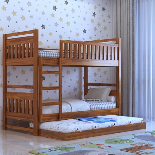 Image of Ganpati Arts Solid Sheesham Wood Swift Bunk Bed With Trundle Wooden Bunk Bed With Ladder For Bedroom Living Room Home (Natural Finish), Double