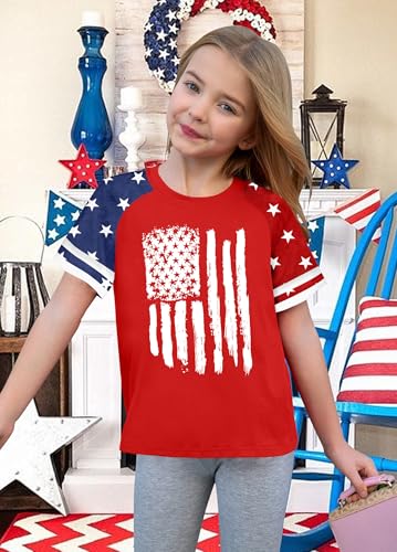 Image of CAZYCHILD Girls 4th of July USA Shirt American Flag Patriotic T-Shirt Independence Day Outfit for Kids 5-14Years