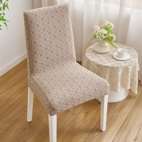 Image of HOMETHREADS Elastic Jacquard Chair Cover Stretch Removable Washable Short Dining Chair Cover Protector Seat Slipcover (D Beige, Pack of 6)
