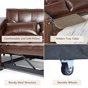 Leather convertible 3 in 1 sleeper sofa bed small upholstered loveseat pull out couch multi functional sleeper futon with hidden table and adjustable backrest for living room brown  urban country home decor