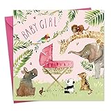 Twizler New Baby Girl Card with Pink Crib and Jungle Animals - New Baby Card Girl - Newborn Essentials - Congratulations Card - Cute Card - New Baby Gifts - New Baby Girl Gifts