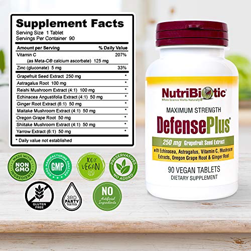 NutriBiotic – DefensePlus, 90 Tablets - 11 in 1 Immune Support with Vitamin C, Zinc, Grapefruit Seed Extract, Echinacea, Astragalus Root & Immune Boosting Extracts & Mushrooms - Vegan & Gluten Free - Image 6