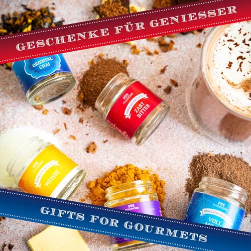 Hallingers Trinkschokolade & feine Heißgetränke - 5 Sorten Trinkschoki Geschenk-Set mit Schokolade, Chai Tee und Goldene Milch Gewürz (Set) - Geschenkideen Weihnachten & Geschenke Adventskalender | Ge