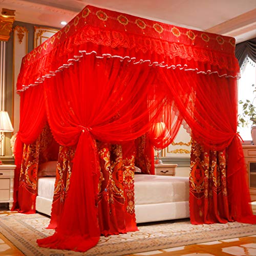 Roter romantischer 4-Eckpfosten Moskitonetz mit luxuriösem Betthimmel, Vorhang, Baldachin, 2-in-1 für Mädchen, Frauen, Erwachsene, Hochzeit, Schlafzimmer, Kinderzimmer, Bettdekoration (rotes