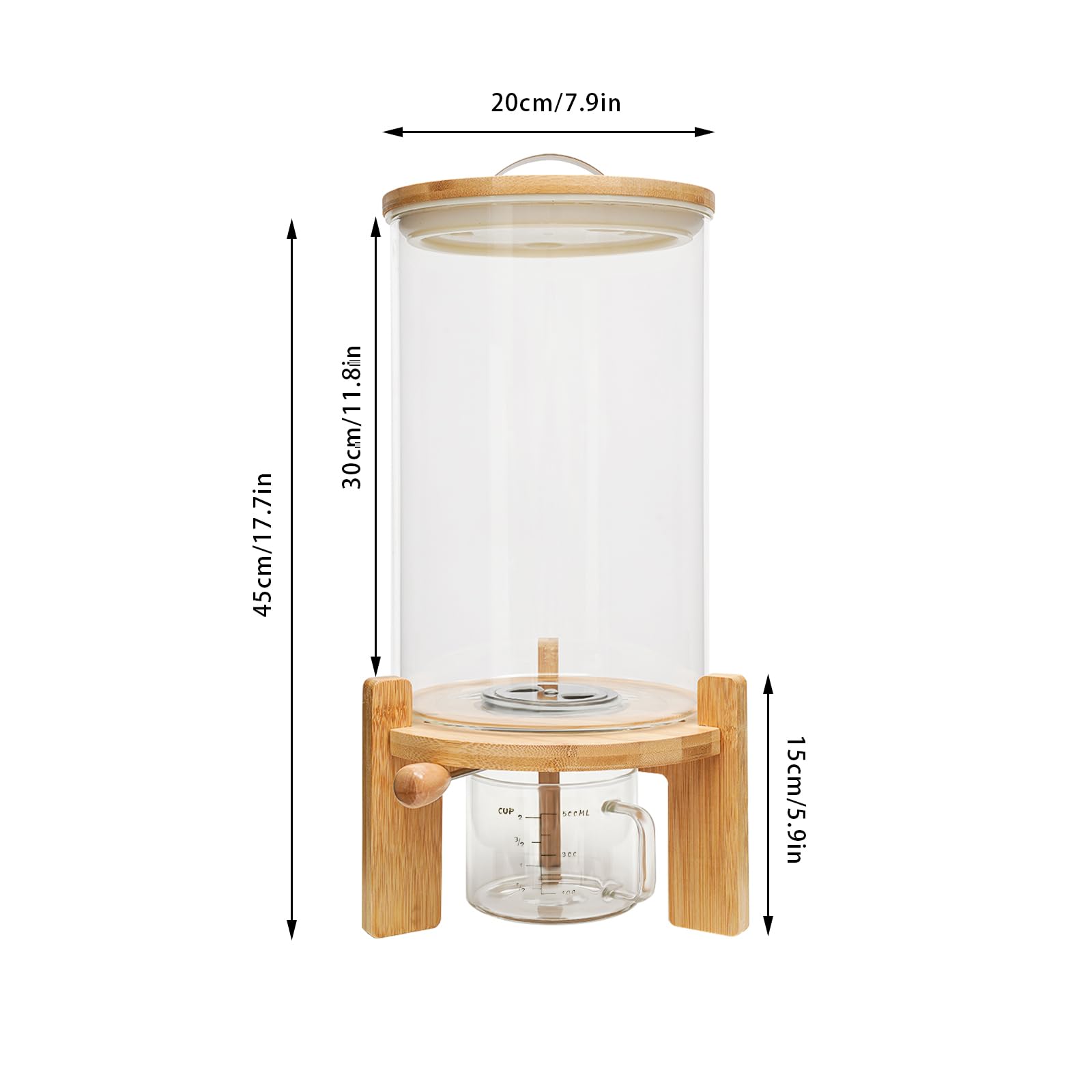 Dispensador de cereales (7,5 L, con válvula y base redonda) | Tarro de cristal, tapa de bambú, junta de silicona, termómetro integrado, vaso medidor, 45 cm de altura total