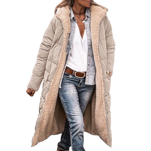 KAJXZ Womens Long Puffer Jacket Oversized Sherpa Lined Puffy Coats Winter Reversible Padded Down Jackets Zip Up Outerwear
