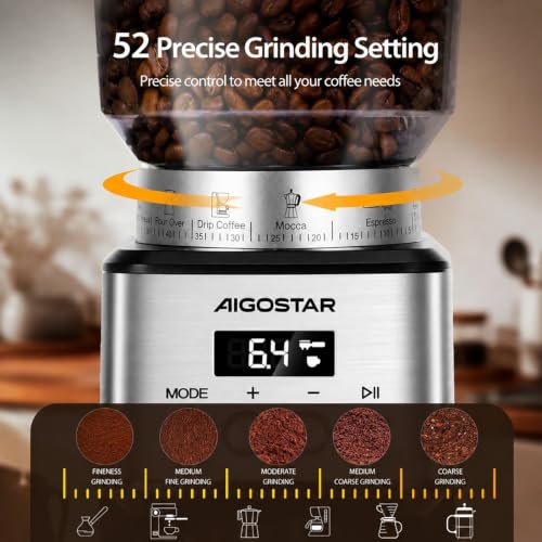 Image of Aigostar Conical Burr Coffee Grinder Electric, Coffee Bean Grinders Automatic, Adjustable Burr Mill with 52 Precise Grind Setting, Burr Coffee Grinder for Espresso Drip Coffee and French Press, Black
