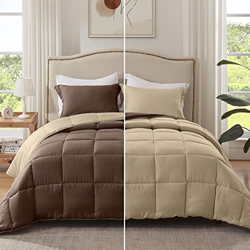 Homelike Moment Lightweight Comforter Set Queen Reversible All Season Down Alternative Bed Comforter Set Summer Blanket 3 Piece - 1 Comforter 2 Pillow Shams Full/Queen Size Chocolate Brown/Beige #TOP4