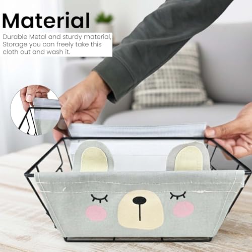 Image of Go Hooked Cute Grey Bear Design Storage Basket for Kids | Strong Metal Wire Organizer with Detachable Fabric Liner | Multipurpose Basket for Toys, Fruits, Snacks, Bathroom, Wardrobe & Home Decor