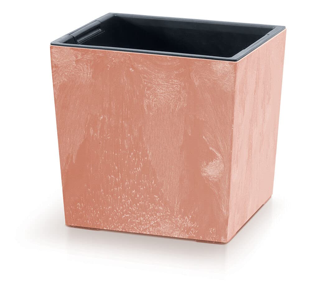 Prosperplast 2-in-1 Flower Pot with Insert, Plant Pot, Herb Pot, Concrete Look, Plastic, 24 cm x 24 cm x 23.5 cm (Terracotta)