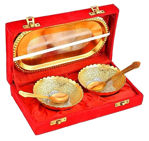 NOBILITY Bowl Spoon Tray Set Gold and Silver Plated Dry Fruits Dessert Serving Set Diwali Christmas Eid Wedding Return Gifts Friends Family Home Decorative Housewarming Corporate Gift items