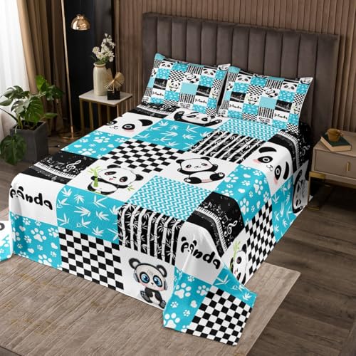 Manfei Cute Panda Bedspread King Size Bamboo Leaf Musical Note Paw Print Coverlet Set 3pcs for Kids Boys Girls Black White Blue Plaid Print Quilted Coverlet Animal Bedding Quilt with 2 Pillowcases