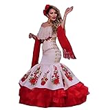 Mermaid Puffy Skirt with Ruffled Lace Prom Homecoming Quinceanera Party Bridesmaid Dresses with Sleeves Red and White Wedding Guest Women Teens Juniors Long Charro XV Sweet 16 Dress 24W
