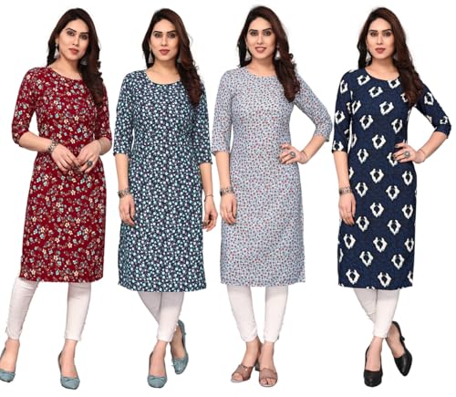 Image of JAKHANA Women's Crepe Printed Casual Straight Calf Length Round Nick Kurta Pack of 4