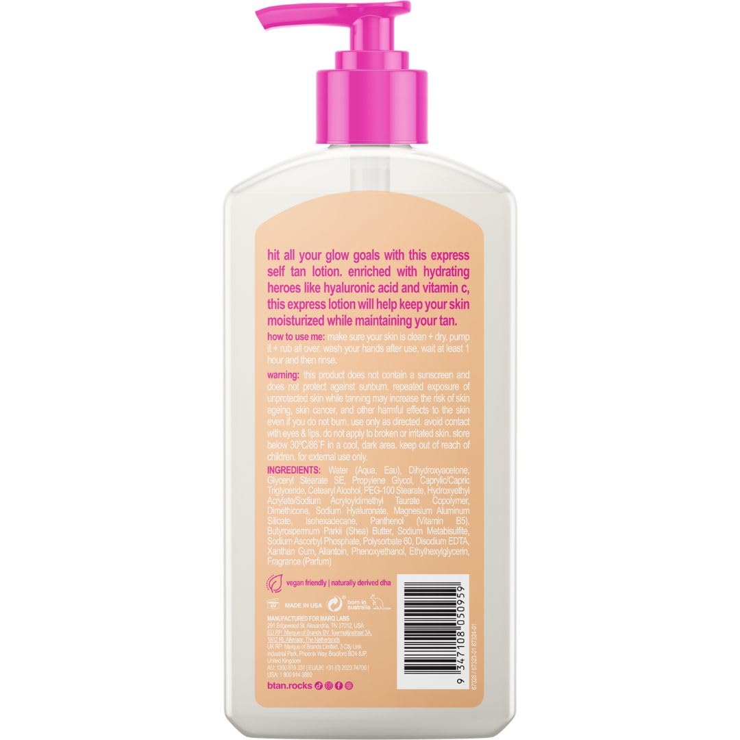 b.tan Dark Self Tanner Lotion | Glow Your Own Way, 1 Hour Express - Daily Quick Sunless Tanning Cream, Best Natural Bronze, Hydrating Vitamin C, Face & Body, No Fake Tan Smell, 8 Fl Oz