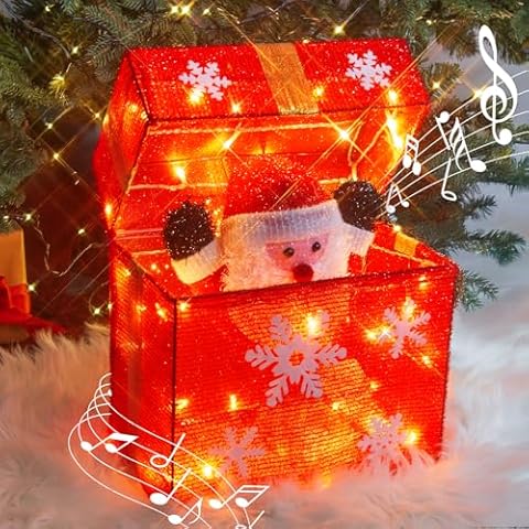 PEIDUO Animated Christmas Santa in Lighted Gift Box, Motion Sensor Christmas Music Decorative Lights, Under The Christmas Tree Present Decorations for Indoor Outdoor Yard Home Holiday Decor Cover