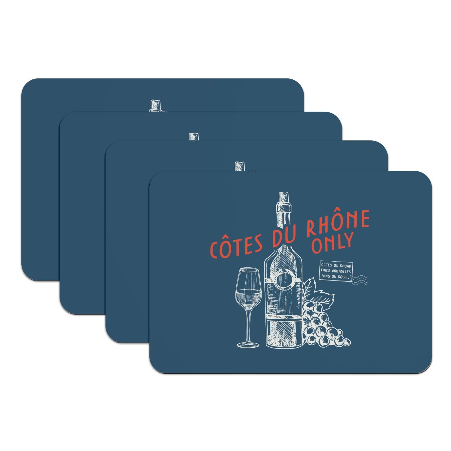 Set de table vin Côtes du Rhône bleu grand format dessous caoutchouc lot de 4
