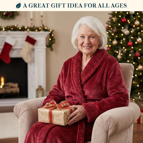 Image of PAVILIA Women's Plush Fleece Robe, Soft Cozy Long Bathrobe with Satin Waffle Trim, Warm Lightweight, Pockets & Tie Belt