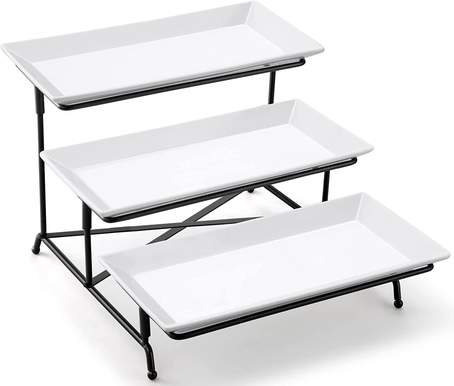 THE WHITE SHOP 3 Tier Serving Tray Set Porcelain Tiered Serving Trays Platters, Collapsible Sturdier Stand with Stable Cross Bars,29 * 29 * 21cm