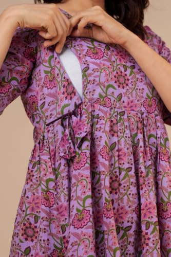 Image of THE Moon Star Women's Cotton Floral Printed Anarkali Maternity Feeding Kurti | Breastfeeding Dress for Mothers | Zipper Feeding Kurti, Nursing Kurti, Comfortable and Trendy Maternity Wear