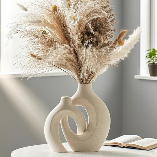 Keramik Vase, SUKIYPO 2er Set Hohle Beige Moderne Vasen für Nordisches, Vasen Deko, ästhetische Boho Blumenvase für Zuhause, Wohnzimmer, Büro,...