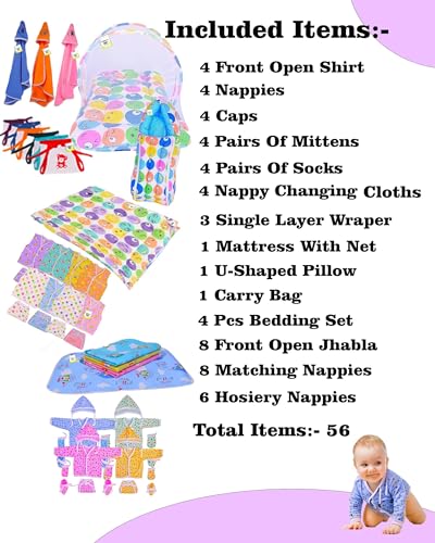 Image of Toddylon Flat Bed 56 in 1 New Born Baby Products All | Gift Packs | Maternity Kit | Baby Clothes | Baby Bedding | Essentials Items | Baby Shower | Infants Combo (Multicolor, 0-6 Months)