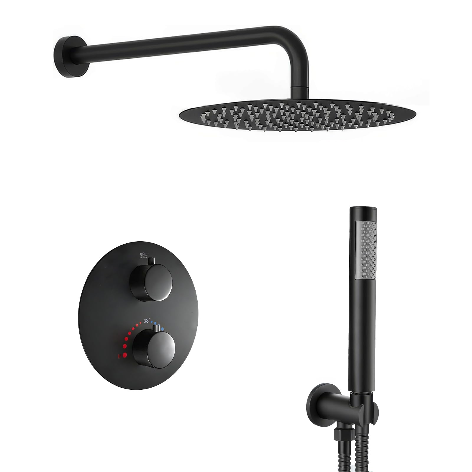 SaniteModar Unterputz Duscharmatur Set mit Thermostat, Schwarz | Rund. 25cm Regendusche, 1,5m Schlauch; leichtreinig. Silikon-Düsen; verstecktes Design; keine Wandbeschädigung bei Rep