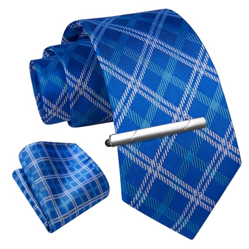 Image of Enlision Ties for Men Plaid Stripe Tie Handkerchief Woven Classic Formal Necktie Pocket Square Clip Set
