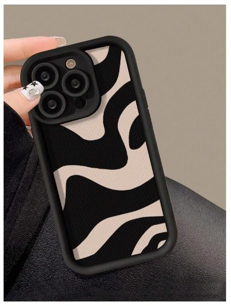 Image of COVERLY Abstract Wave Back Case Cover for iPhone 12 Pro | Hot 3D Wavy Zebra Cute Design | Camera Lens Protection | Soft TPU Silicone Aesthetic Print Cover for Girls & Women (Black & Beige, Shockproof)