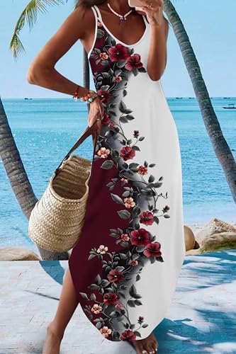 Image of Zeagoo Women's Casual Sundress Summer Maxi Sleeveless V Neck Split Boho Beach Dress Travel Vacation Dress with Pockets