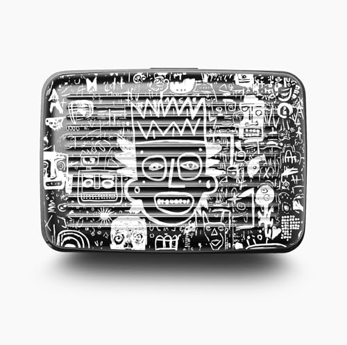 Image of OGON -DESIGNS- Aluminum card holder, RFID protection against fraud and demagnetization, compact wallet, Smart Case STOCKHOLM model (Engraving Pop Art, Extra-secure lock)
